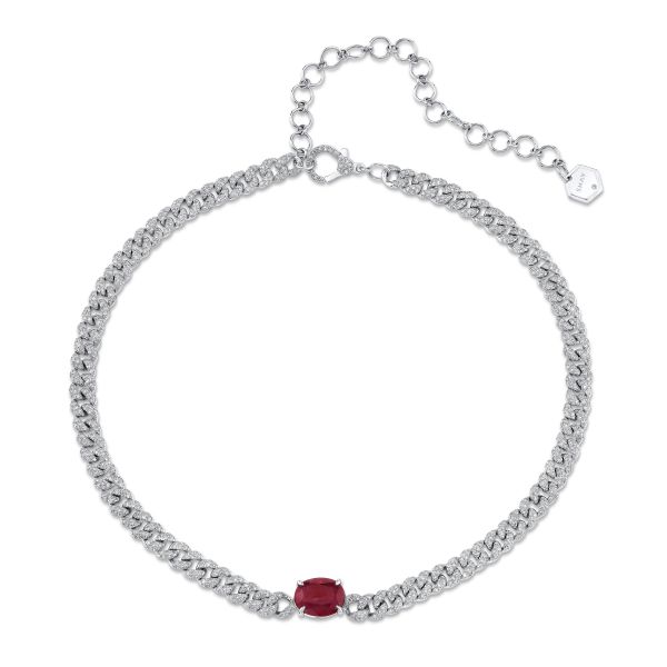 RUBY SOLITAIRE OVAL PAVE MINI LINK NECKLACE