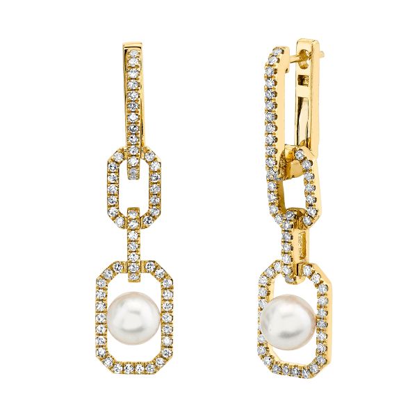 CAGED PEARL & DIAMOND TRIPLE LINK DROP EARRINGS