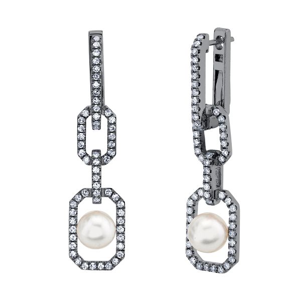 CAGED PEARL & DIAMOND TRIPLE LINK DROP EARRINGS
