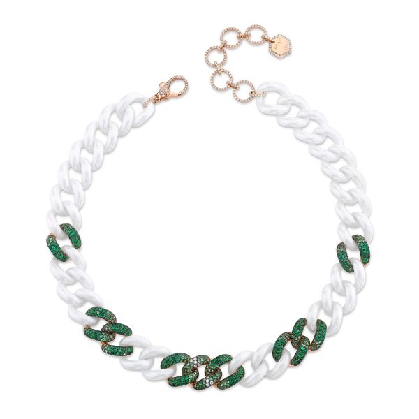 EMERALD & GREEN GARNET 9 OMBRE WHITE CERAMIC JUMBO LINK NECKLACE