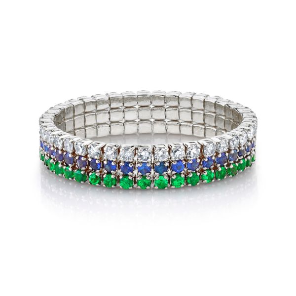 GREEN GARNET & BLUE SAPPHIRE TRIPLE STACKED THREADS RING