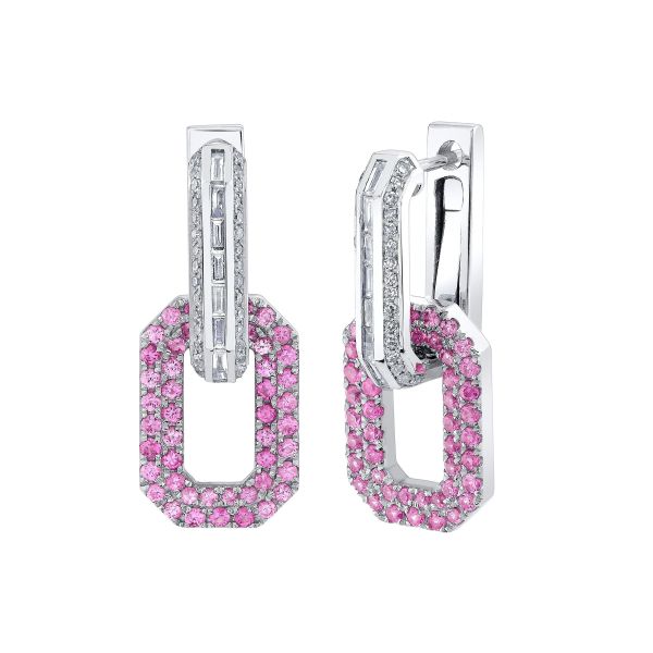PINK SAPPHIRE & DIAMOND PAVE FLAT GEO LINK EARRINGS