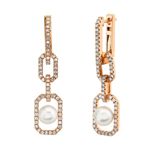 CAGED PEARL & DIAMOND TRIPLE LINK DROP EARRINGS