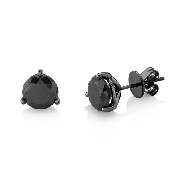 LARGE BLACK DIAMOND ROUND STUDS, 3 PRONG