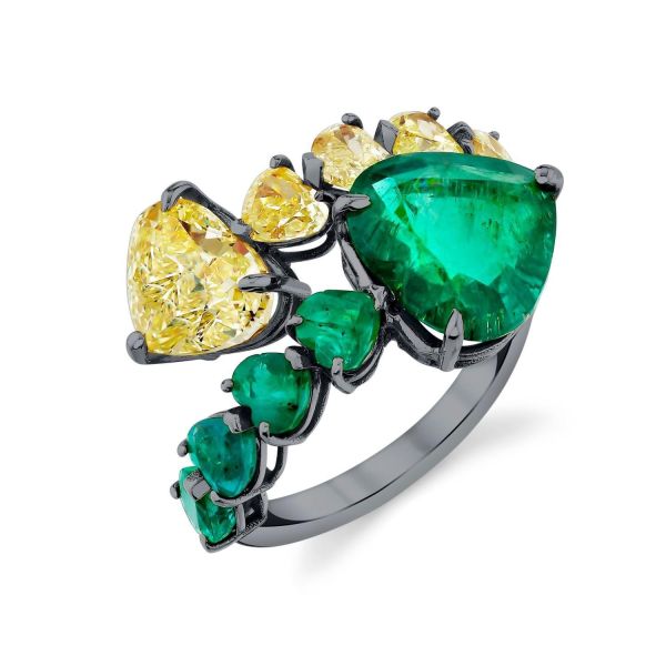 YELLOW DIAMOND & EMERALD HEART BYPASS RING