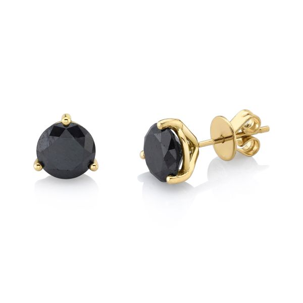LARGE BLACK DIAMOND ROUND STUDS, 3 PRONG