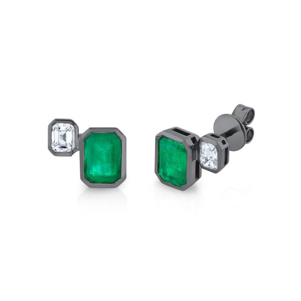 EMERALD BEZEL SET TWO STEP STUDS