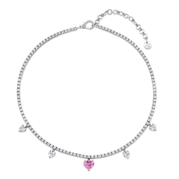 DIAMOND & PINK SAPPHIRE 4 HEART DROP TENNIS NECKLACE