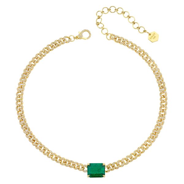 EMERALD SOLITAIRE PAVE MINI LINK NECKLACE