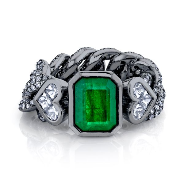 EMERALD TRI DIAMOND MEDIUM LINK RING