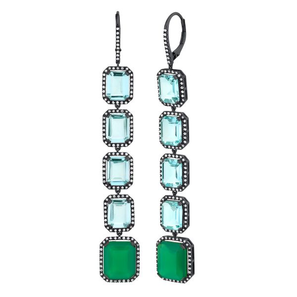 BLUE TOPAZ & GREEN AGATE 5 TIER PORTRAIT EARRINGS