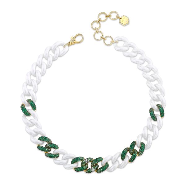 EMERALD & GREEN GARNET 9 OMBRE WHITE CERAMIC JUMBO LINK NECKLACE