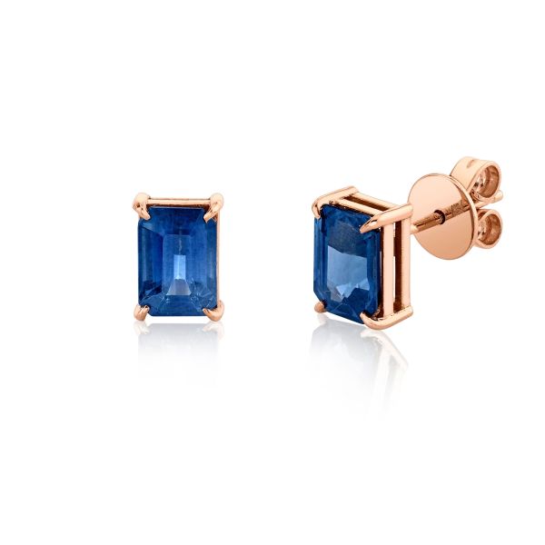 BLUE SAPPHIRE EMERALD CUT STUDS, 3-4cts