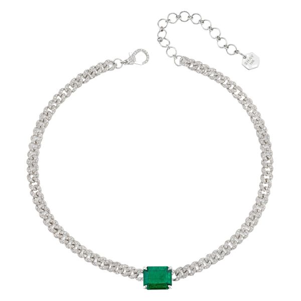 EMERALD SOLITAIRE PAVE MINI LINK NECKLACE