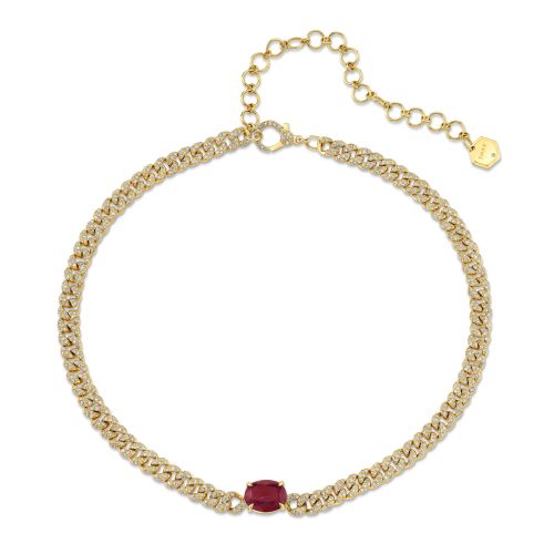 RUBY SOLITAIRE OVAL PAVE MINI LINK NECKLACE
