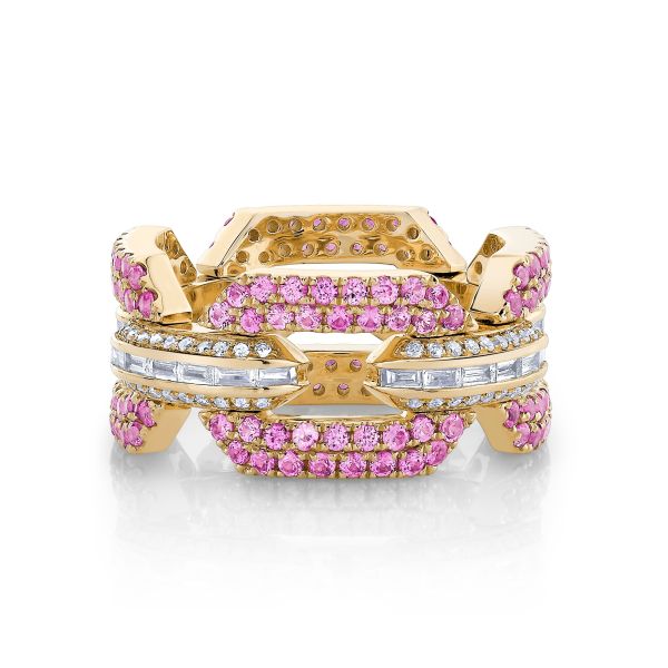 PINK SAPPHIRE & DIAMOND PAVE FLAT GEO LINK RING