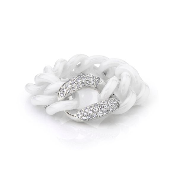 WHITE DIAMOND & WHITE CERAMIC PAVE MEDIUM LINK RING