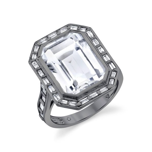 WHITE TOPAZ DIAMOND BAGUETTE PORTRAIT RING