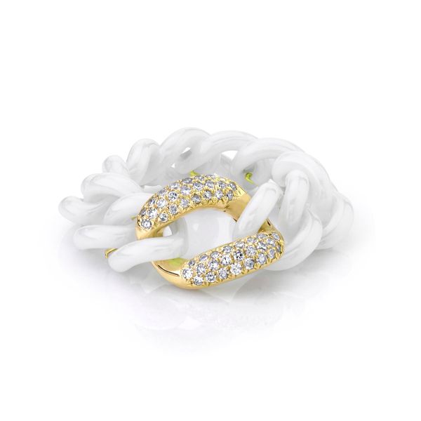 WHITE DIAMOND & WHITE CERAMIC PAVE MEDIUM LINK RING