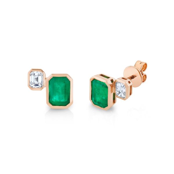 EMERALD BEZEL SET TWO STEP STUDS