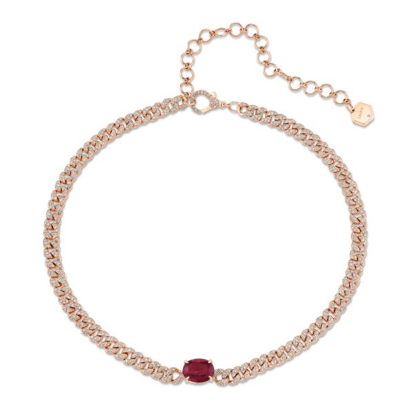 RUBY SOLITAIRE OVAL PAVE MINI LINK NECKLACE