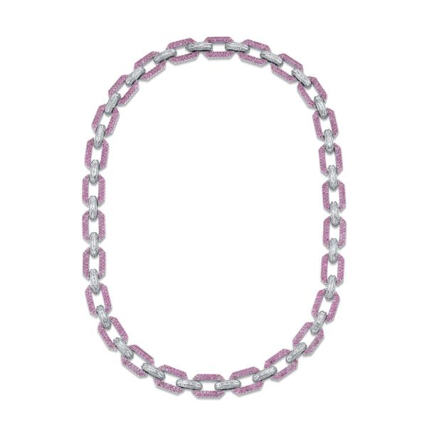 PINK SAPPHIRE & DIAMOND PAVE FLAT GEO LINK NECKLACE