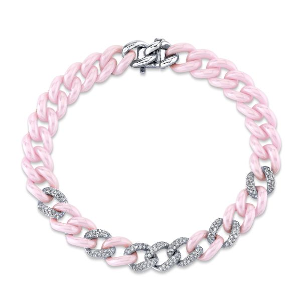 DIAMOND 7 PAVE & PINK CERAMIC MEDIUM LINK BRACELET