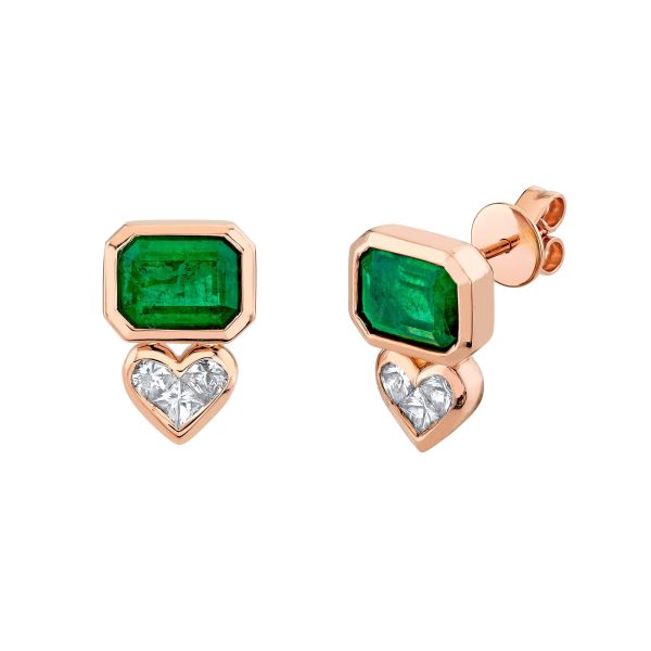 EMERALD TRI DIAMOND BEZEL STUDS