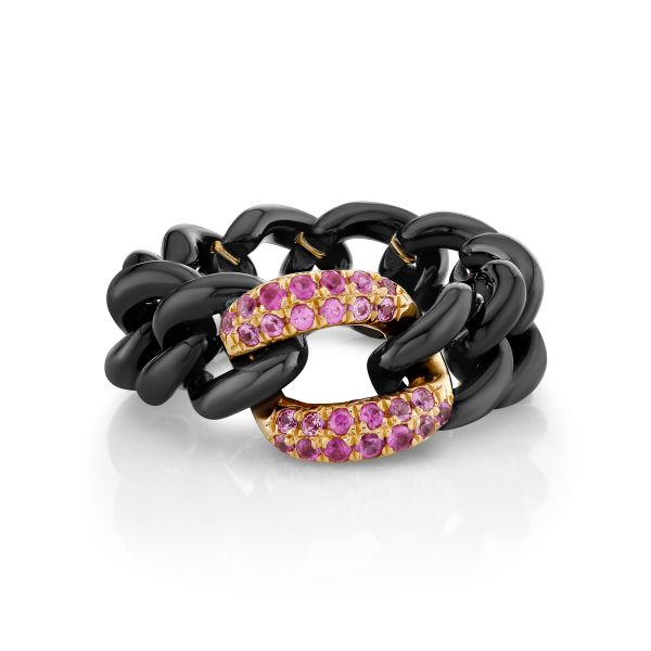 PINK SAPPHIRE & BLACK CERAMIC MEDIUM LINK RING