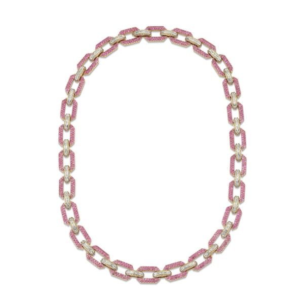 PINK SAPPHIRE & DIAMOND PAVE FLAT GEO LINK NECKLACE