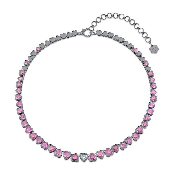 PINK SAPPHIRE & DIAMOND HEART BEZEL TENNIS NECKLACE