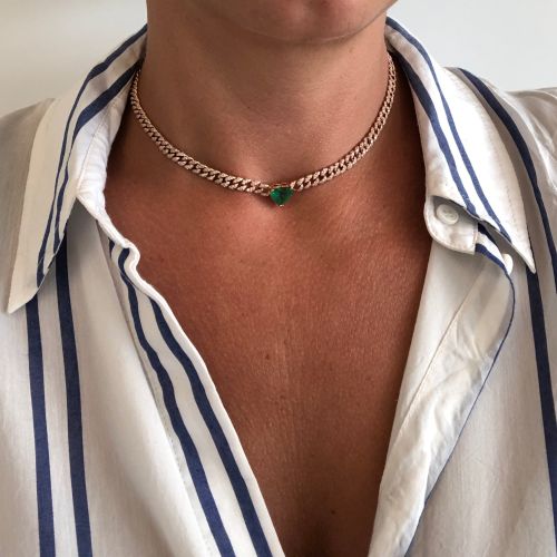 JUMBO EMERALD HEART MINI PAVE LINK NECKLACE