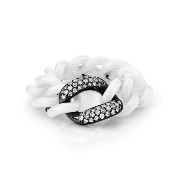 WHITE DIAMOND & WHITE CERAMIC PAVE MEDIUM LINK RING