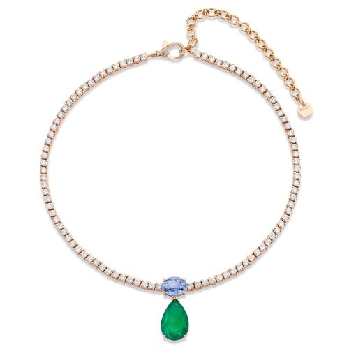 DIAMOND TENNIS NECKLACE WITH EMERALD & BLUE SAPPHIRE DROP